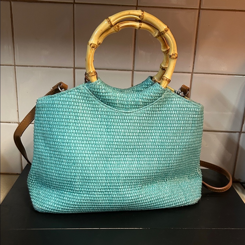 Fossil Turquoise Woven Bamboo Handle Crossbody Bag